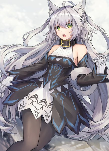 Anime picture 891x1232 with fate (series) fate/grand order atalanta (fate) atalanta (alter) (fate) coyucom single long hair tall image looking at viewer fringe breasts open mouth hair between eyes standing bare shoulders green eyes animal ears payot ahoge tail