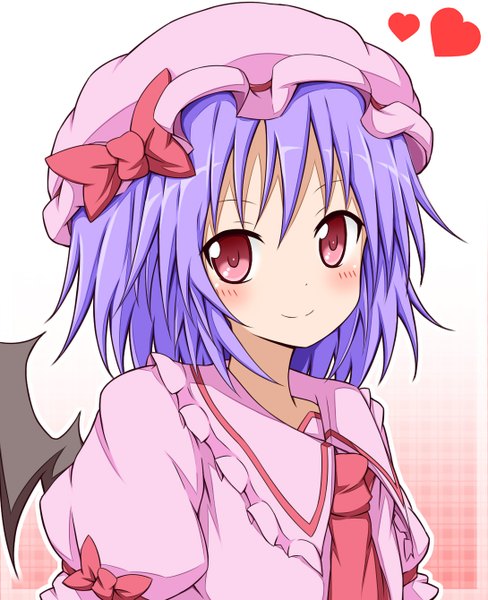 Anime picture 1090x1340 with touhou remilia scarlet karamoneeze tall image looking at viewer blush short hair smile red eyes purple hair girl dress wings heart bonnet