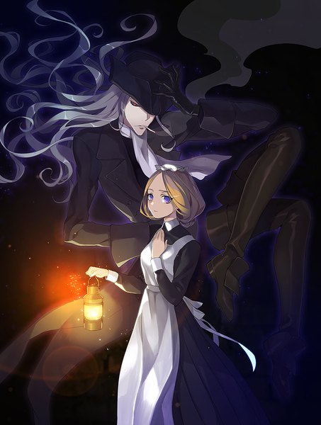 Anime picture 800x1058 with kuro hakubutsukan: ghost and lady popompon long hair tall image short hair blonde hair red eyes purple eyes holding grey hair maid crossed legs floating hair hand on chest dark background smoke ghost adjusting hat weightlessness black sclera