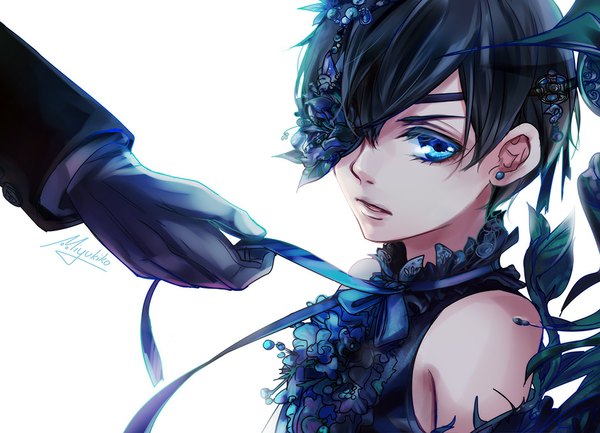 Anime picture 942x680 with kuroshitsuji a-1 pictures ciel phantomhive miyukiko fringe short hair blue eyes black hair simple background white background holding signed looking away upper body parted lips head tilt hair over one eye sleeveless solo focus adjusting clothes