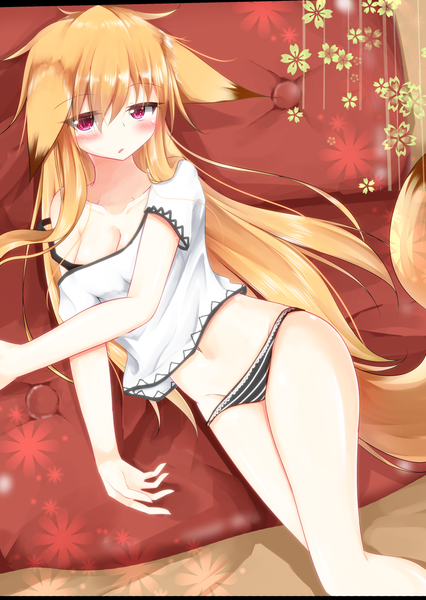 Anime picture 1491x2098 with original masa000010 single long hair tall image looking at viewer blush fringe breasts light erotic hair between eyes red eyes brown hair animal ears cleavage tail lying animal tail off shoulder fox ears