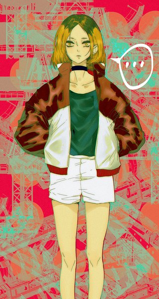 Anime picture 600x1125 with haikyuu!! production i.g kozume kenma miyama (c175311) single tall image short hair blonde hair standing yellow eyes multicolored hair open jacket two-tone hair expressionless hands in pockets boy choker jacket shorts speech bubble