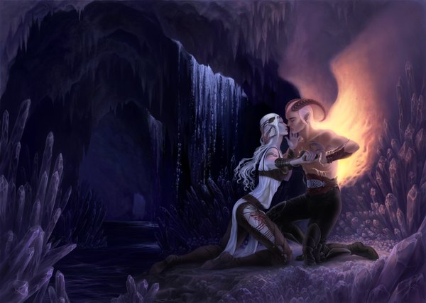 Anime picture 2100x1500 with original teanah (artist) long hair highres short hair white hair horn (horns) couple kneeling topless elf river demon waterfall almost kiss injury girl boy weapon wings