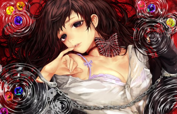 Anime picture 1700x1100 with original tcb (pixiv) single long hair looking at viewer light erotic brown hair bare shoulders black eyes wet girl shirt lingerie bra handcuffs purple bra