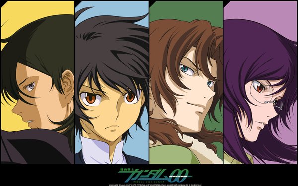 Anime picture 1920x1200 with mobile suit gundam mobile suit gundam 00 sunrise (studio) tieria erde setsuna f seiei lockon stratos allelujah haptism highres short hair blue eyes black hair brown hair wide image brown eyes purple hair multiple boys wallpaper copyright name close-up multiview