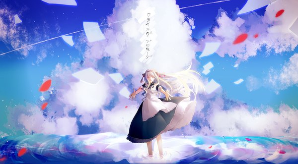 Anime picture 1692x936 with kagerou project shaft (studio) mary (kagerou project) endolu single long hair looking at viewer wide image standing cloud (clouds) white hair inscription spread arms girl dress petals water