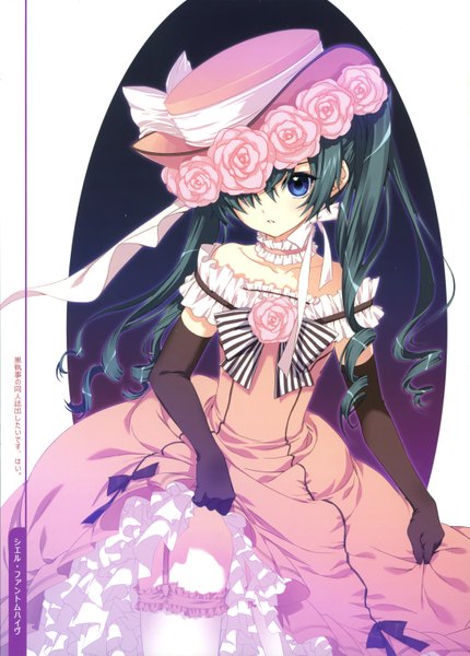 Anime picture 2174x3030 with kuroshitsuji a-1 pictures ciel phantomhive shirahane nao single long hair tall image fringe highres open mouth blue eyes black hair standing bare shoulders scan hair over one eye otoko no ko thighhighs dress boy