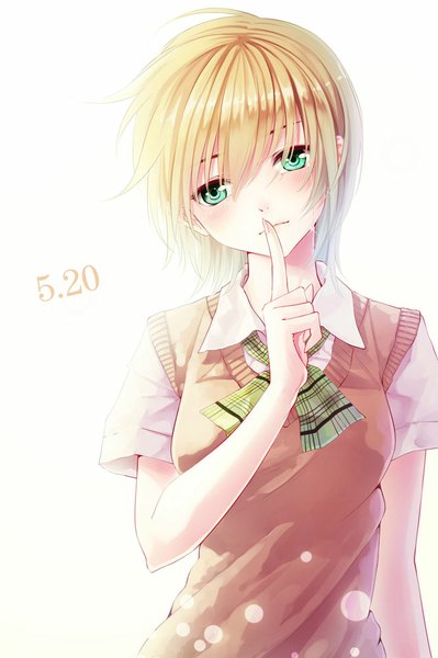 Anime picture 665x1000 with ichigo 100 nishino tsukasa wait (artist) single tall image blush short hair blonde hair green eyes upper body finger to mouth girl uniform school uniform vest sweater vest