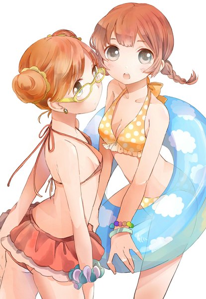 Anime picture 800x1158 with original fly (marguerite) tall image looking at viewer blush short hair open mouth simple background brown hair white background multiple girls green eyes braid (braids) orange hair grey eyes hair bun (hair buns) twin braids polka dot sky print girl