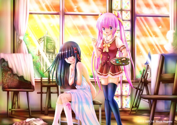 Anime picture 1637x1158 with original nagano sinya long hair blush open mouth light erotic standing sitting purple eyes twintails multiple girls brown eyes pink hair purple hair sunlight girl thighhighs uniform ribbon (ribbons) black thighhighs