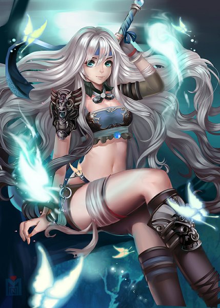 Anime-Bild 786x1100 mit magic knight armageddon monsohot long hair tall image looking at viewer sitting aqua eyes grey hair bare belly legs glowing girl navel weapon armor insect butterfly bandage (bandages) knee boots single glove