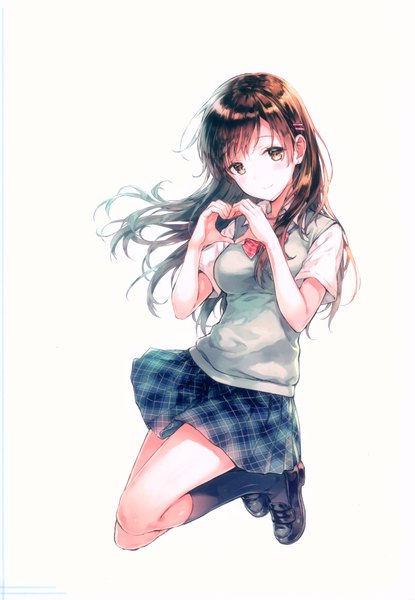 Anime picture 4847x6998 with original sano mana hiten (hitenkei) single long hair tall image looking at viewer blush fringe highres breasts simple background smile brown hair white background brown eyes absurdres full body bent knee (knees) head tilt