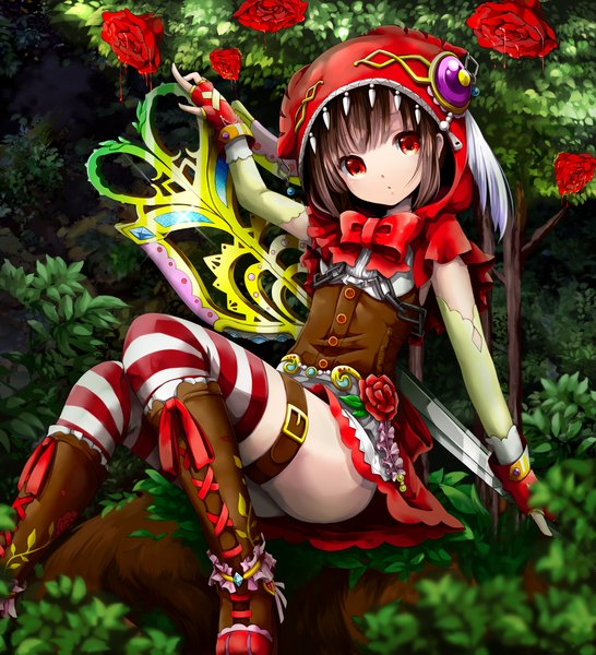 Anime picture 1500x1649 with original akira ry0 single tall image short hair red eyes brown hair :o lacing girl thighhighs gloves flower (flowers) plant (plants) boots fingerless gloves rose (roses) hood thigh boots striped thighhighs