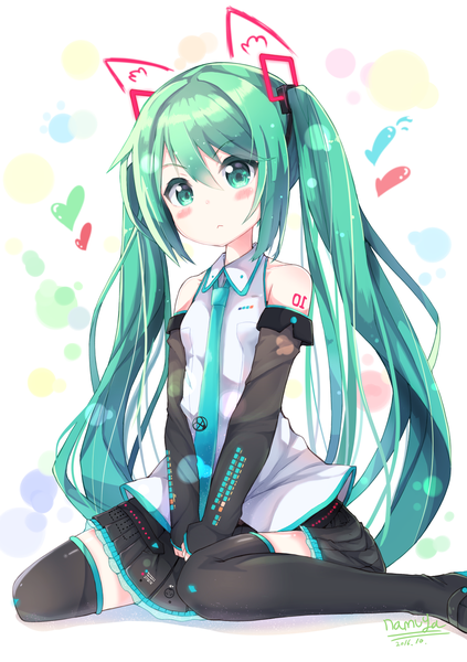 Anime picture 1214x1720 with vocaloid hatsune miku namuya (pixiv5584775) single long hair tall image looking at viewer blush fringe hair between eyes sitting twintails green eyes signed payot pleated skirt green hair dated wariza :<
