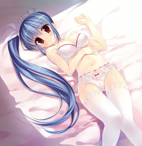 Anime picture 1024x1054 with yamakaze ran tall image light erotic red eyes blue hair underwear only girl thighhighs underwear panties white thighhighs