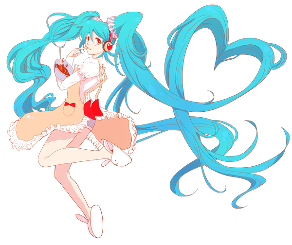 Anime picture 5640x4738 with vocaloid hatsune miku gino0808 single highres twintails absurdres very long hair aqua eyes aqua hair finger to mouth transparent background cooking girl dress hair ornament food sweets headphones apron