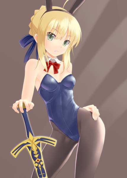 Anime picture 2268x3172 with fate (series) fate/stay night type-moon artoria pendragon (all) saber taka (takahirokun) single tall image looking at viewer blush highres light erotic bare shoulders green eyes animal ears ahoge braid (braids) bunny ears hand on hip fake animal ears