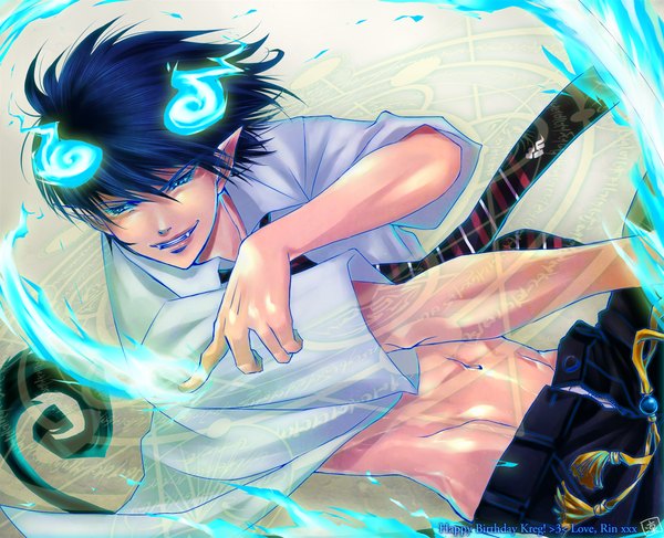 Anime picture 1400x1138 with ao no exorcist a-1 pictures okumura rin rin-shiba single short hair blue eyes black hair pointy ears teeth fang (fangs) magic glowing sharp teeth boy navel shirt necktie