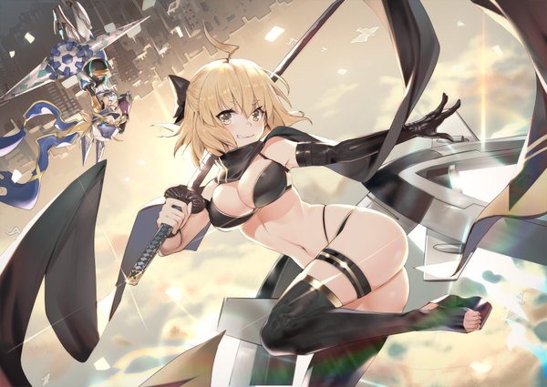 Anime picture 1694x1200 with fate (series) fate/grand order artoria pendragon (all) okita souji (fate) (all) mysterious heroine xx (foreigner) okita souji (swimsuit assassin) (fate) teddy (khanshin) looking at viewer blush fringe short hair breasts blue eyes light erotic blonde hair smile hair between eyes large breasts bare shoulders multiple girls