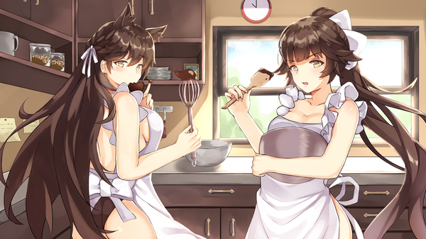 Anime picture 2880x1620 with azur lane atago (azur lane) takao (azur lane) sylux looking at viewer blush fringe highres breasts open mouth light erotic hair between eyes brown hair wide image multiple girls holding animal ears yellow eyes cleavage ass