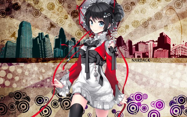 Anime picture 1440x900 with original nardack blush blue eyes black hair smile wide image inscription city girl thighhighs hair ornament bow black thighhighs hairclip building (buildings)