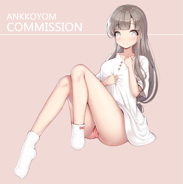 Anime picture 1000x1003 with original ango single tall image looking at viewer fringe light erotic simple background signed full body bent knee (knees) blunt bangs grey hair bare legs grey eyes no shoes hand on chest cameltoe low ponytail amputee