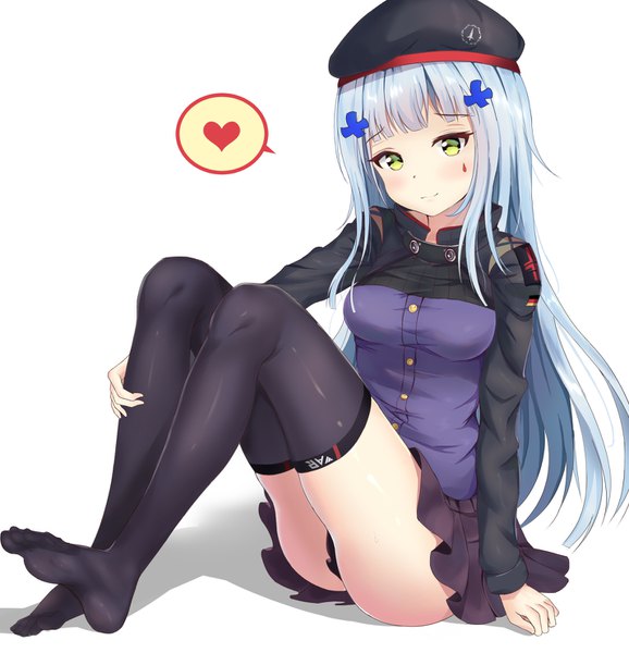 Anime picture 1428x1482 with girls frontline hk416 (girls frontline) icwine single long hair tall image looking at viewer blush fringe breasts light erotic simple background white background sitting green eyes silver hair blunt bangs long sleeves light smile arm support