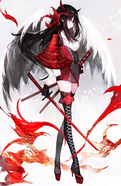 Anime picture 1200x1832 with original juexing (moemoe3345) single tall image looking at viewer red eyes standing holding profile horn (horns) pointy ears high heels zettai ryouiki white wings sheathed girl gloves weapon sword wings