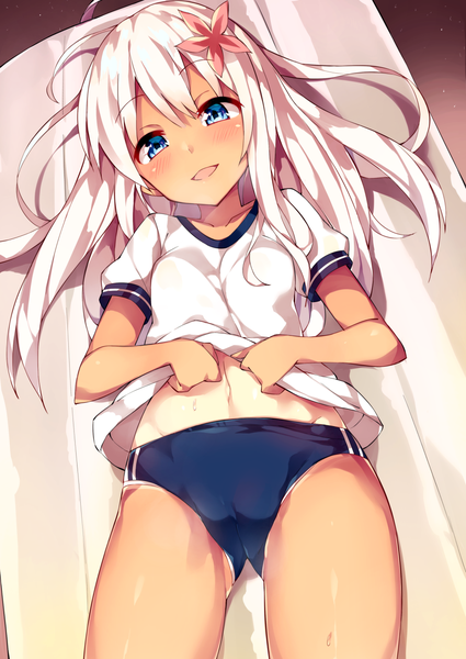 Anime picture 928x1311 with kantai collection ro-500 submarine unacchi (nyusankin) single long hair tall image looking at viewer blush fringe breasts open mouth blue eyes light erotic smile hair between eyes payot silver hair indoors lying head tilt