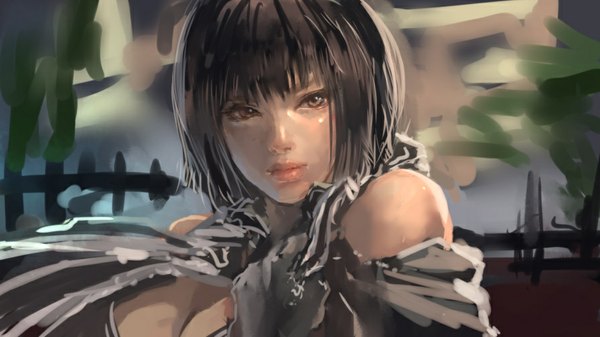 Anime picture 896x504 with original kaburagi yasutaka single looking at viewer fringe short hair breasts black hair wide image large breasts bare shoulders brown eyes light smile close-up girl