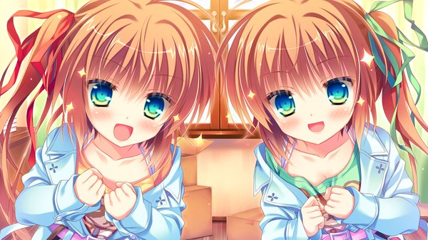 Anime picture 1024x576 with love love life skyfish (studio) moegino chisa moegino sara wori long hair looking at viewer blush open mouth blue eyes brown hair wide image multiple girls game cg loli girl dress ribbon (ribbons) 2 girls hair ribbon