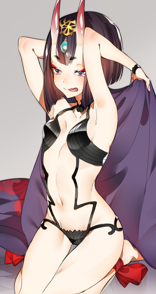 Anime picture 793x1496 with fate (series) fate/grand order shuten douji (fate) sino42 single tall image fringe short hair light erotic black hair simple background purple eyes looking away horn (horns) grey background armpit (armpits) kneeling eyebrows arms behind head oni horns