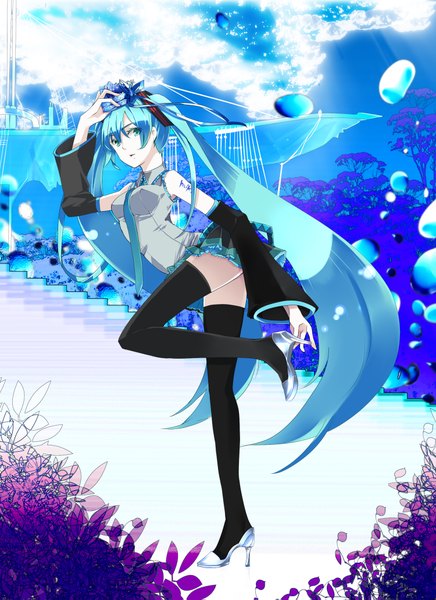 Anime picture 1500x2063 with vocaloid hatsune miku single tall image twintails bare shoulders very long hair aqua eyes aqua hair girl thighhighs skirt black thighhighs detached sleeves miniskirt necktie stairs