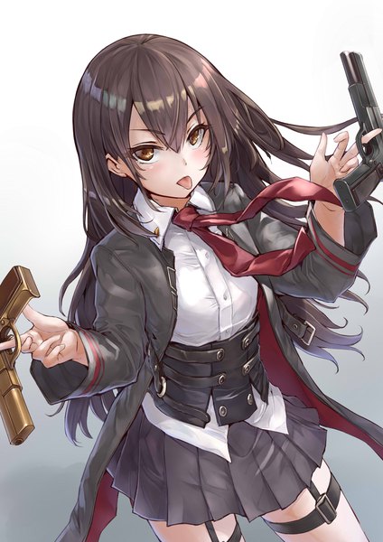 Anime picture 1600x2264 with girls frontline nz 75 (girls frontline) potato tacos single long hair tall image looking at viewer blush fringe black hair simple background hair between eyes standing holding brown eyes payot long sleeves pleated skirt multicolored hair open clothes