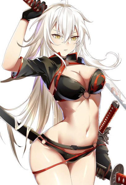 Anime picture 681x1000 with fate (series) fate/grand order jeanne d'arc (fate) (all) jeanne d'arc alter (fate) jeanne d'arc alter (swimsuit berserker) (fate) yusan single long hair tall image blush fringe breasts light erotic simple background hair between eyes large breasts standing white background holding yellow eyes