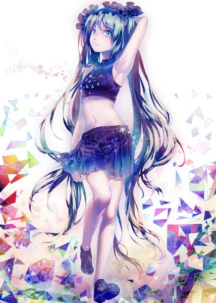 Anime picture 1000x1400 with vocaloid hatsune miku yandywu single tall image looking at viewer twintails bare shoulders very long hair aqua eyes aqua hair arms up armpit (armpits) midriff girl skirt navel hair ornament