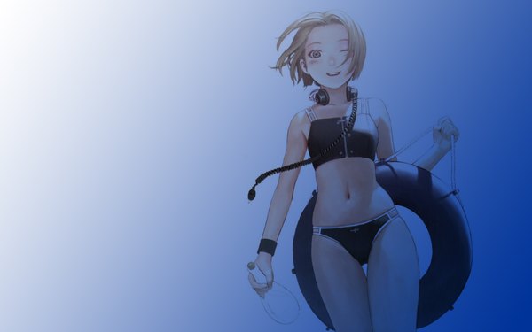 Anime picture 1920x1200 with range murata single looking at viewer highres short hair open mouth light erotic blonde hair smile wide image one eye closed wink gradient background thigh gap skindentation blue background third-party edit girl navel swimsuit