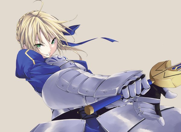 Anime picture 6154x4500 with fate (series) fate/zero type-moon artoria pendragon (all) saber karasu raku single highres simple background blonde hair green eyes absurdres braid (braids) girl dress gloves ribbon (ribbons) weapon hair ribbon sword