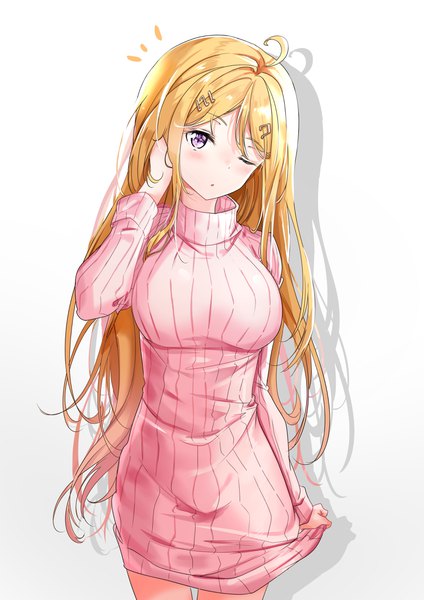 Anime picture 3005x4256 with dangan ronpa new danganronpa v3 danganronpa 3 akamatsu kaede nyung single long hair tall image looking at viewer blush highres breasts open mouth simple background blonde hair standing white background purple eyes absurdres ahoge