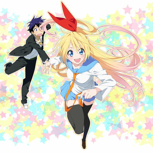 Anime picture 1000x1000 with nisekoi shaft (studio) kirisaki chitoge ichijou raku 16 ban long hair blush fringe short hair open mouth blue eyes blonde hair holding bent knee (knees) ponytail zettai ryouiki holding hands happy running girl