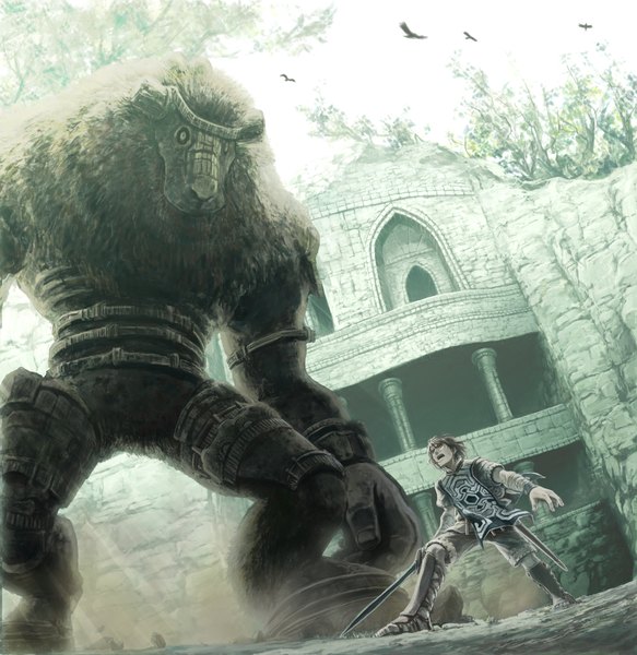 Anime picture 1944x2000 with shadow of the colossus wander valus beco tall image highres short hair brown hair ruins boy weapon animal sword bird (birds) monster