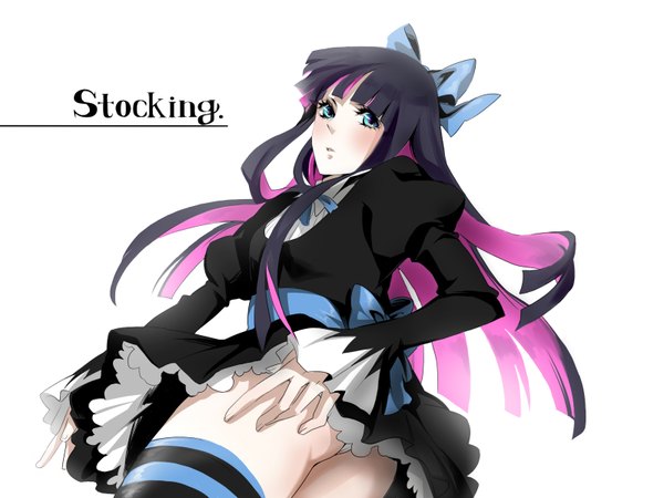Anime picture 1600x1200 with panty & stocking with garterbelt anarchy stocking tayuya1130 single long hair blue eyes light erotic simple background white background purple hair multicolored hair inscription colored inner hair girl bow hair bow