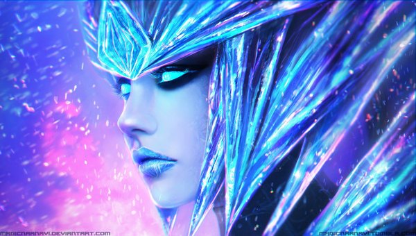 Anime picture 1186x674 with league of legends shyvana (league of legends) magicnaanavi single blue eyes wide image signed looking away lips inscription lipstick shiny skin face blue lipstick girl hair ornament armor