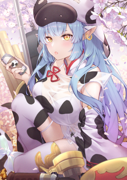 Anime picture 1447x2047 with granblue fantasy catura (granblue fantasy) scal2let single long hair tall image breasts light erotic large breasts yellow eyes blue hair looking away :o cherry blossoms animal print draph cow print girl thighhighs detached sleeves