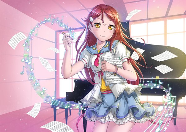 Anime picture 1440x1018 with love live! sunshine!! sunrise (studio) love live! sakurauchi riko r.p.s single long hair looking at viewer blush smile hair between eyes standing holding yellow eyes red hair indoors sunlight sparkle puffy sleeves girl
