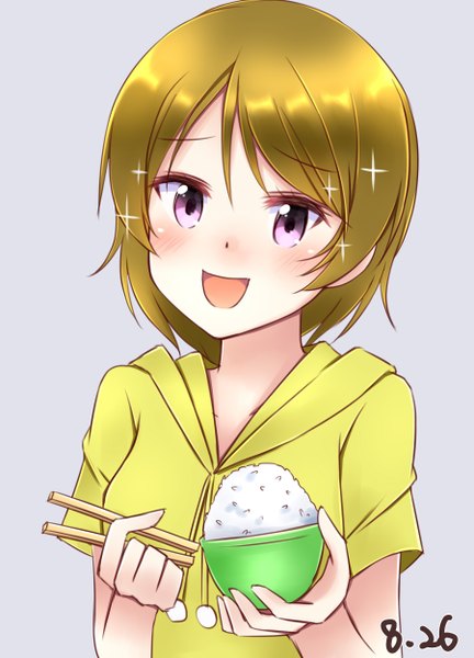 Anime picture 1800x2500 with tagme (artist) single tall image looking at viewer blush fringe highres short hair open mouth simple background smile brown hair purple eyes holding inscription grey background shiny girl food chopsticks
