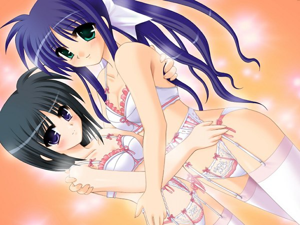 Anime picture 1024x768 with sakura machizaka stories (game) light erotic black hair purple eyes multiple girls green eyes game cg purple hair underwear only girl thighhighs underwear panties 2 girls white thighhighs