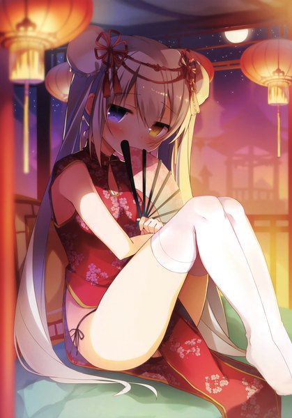 Anime picture 2375x3403 with original amamine single long hair tall image looking at viewer blush fringe highres light erotic hair between eyes sitting bent knee (knees) white hair traditional clothes scan night hair bun (hair buns) no shoes heterochromia