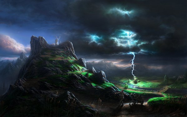 Anime picture 1680x1050 with original fel-x (artist) wide image sky cloud (clouds) wallpaper mountain landscape scenic river lightning plant (plants) animal tree (trees) bridge windmill donkey