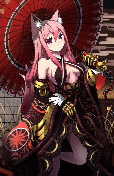 Anime picture 1024x1579 with original zenn (artist) single long hair tall image breasts light erotic smile bare shoulders animal ears pink hair pink eyes girl gloves detached sleeves umbrella oriental umbrella